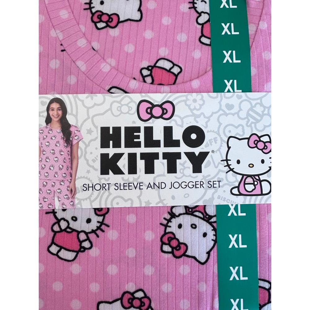 NWT Hello Kitty Pink Polka Dot Ribbed Pajama Set Short Sleeve Jogger XL 16-18